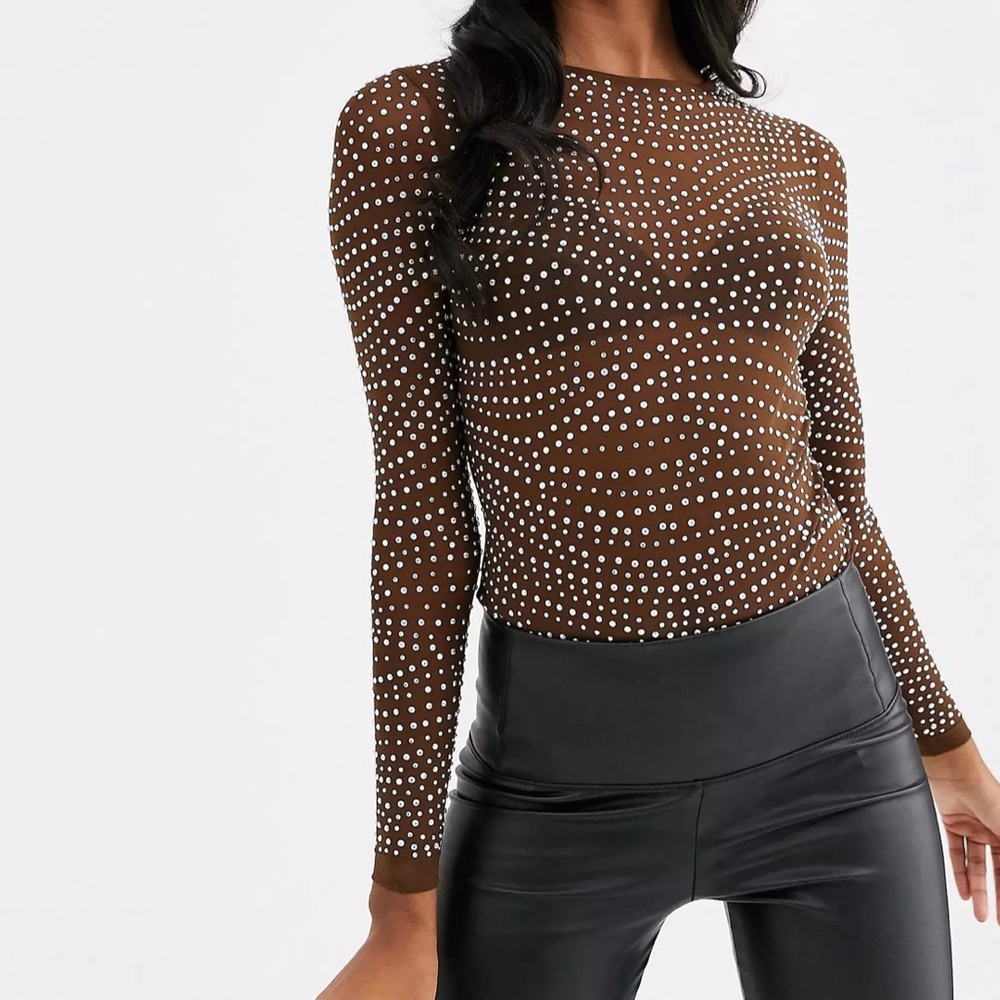 embellished long sleeve mesh body with crystal studs